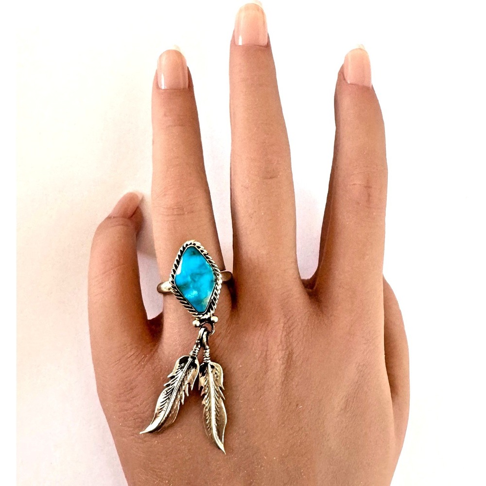 Navajo Feather Dangle Ring Turquoise Sz 7 Jerome Lee Sterling Native American